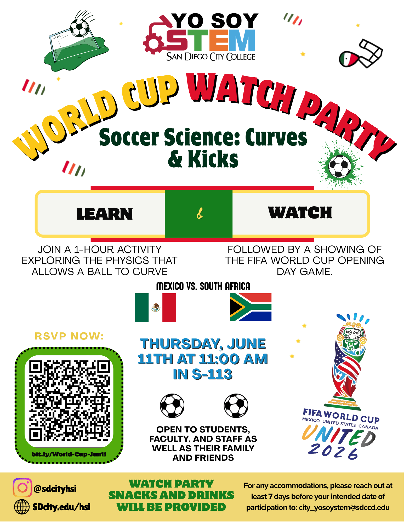 World Cup Watch Party flyer for Soccer Science Curves and Kicks on June 11